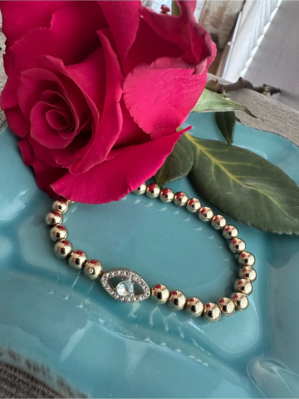 Gold Beaded Crystal Eye Stretch Bracelet - Women Jewelry